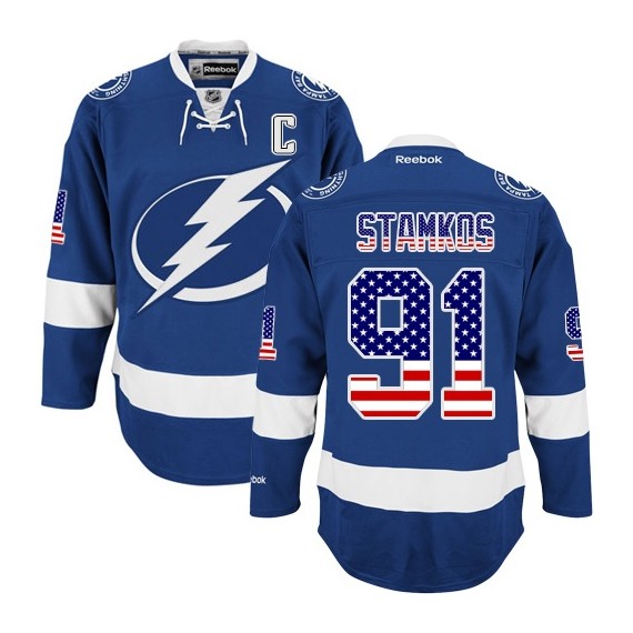 Men's Tampa Bay Lightning #91 Steven Stamkos Royal Blue USA Flag Stitched Jersey